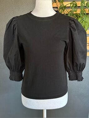Madewell Black Puff Sleeve Top XS Cotton Crew Neck